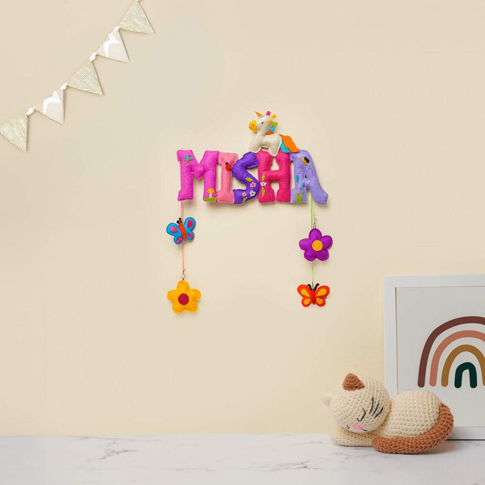 Personalized Unicorn And Garden Theme Felt Kids Name Plate - Wall Hanging Display with Decor