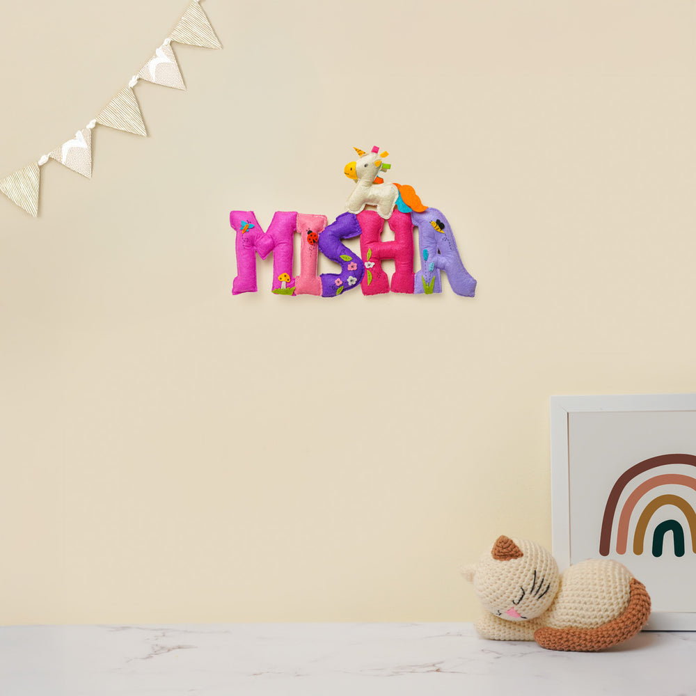 Personalized Unicorn Theme Felt Kids Name Plate - Name Personalization Example on Wall
