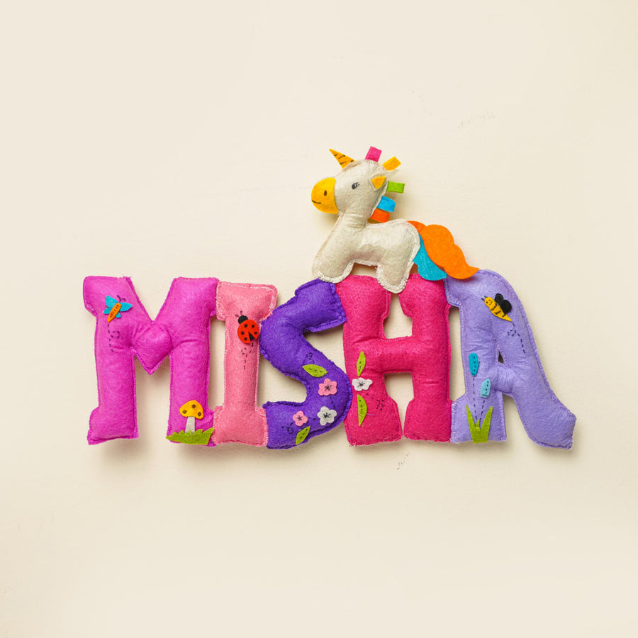 Personalized Unicorn Theme Felt Kids Name Plate - Front View with Unicorn Detail