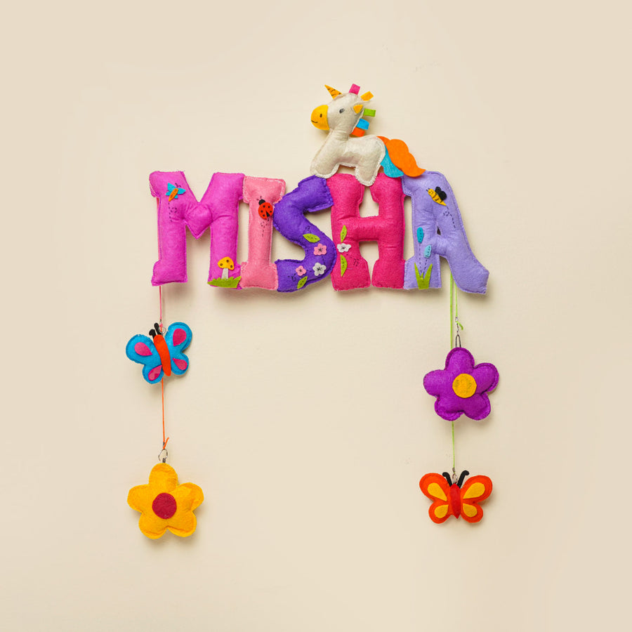 Personalized Unicorn And Garden Theme Felt Kids Name Plate - Hanging Wall Decoration Front View