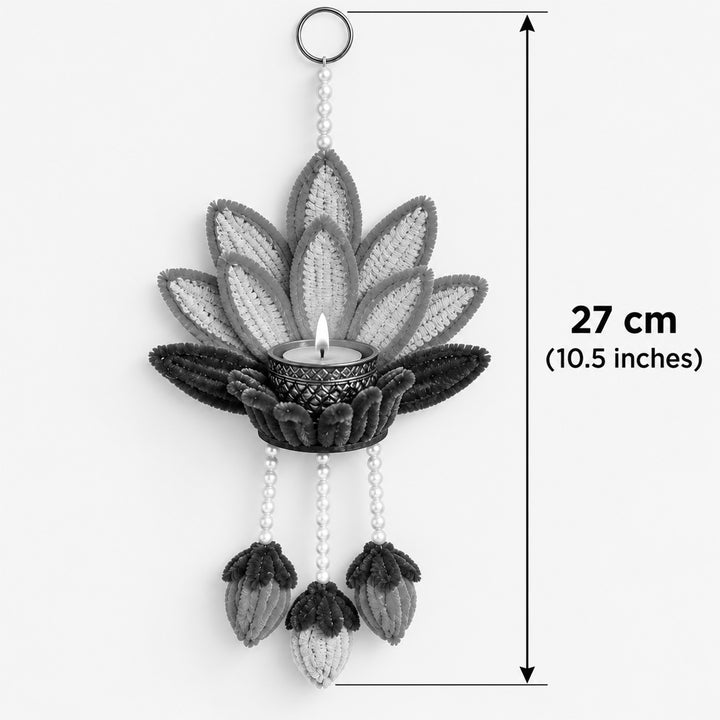 2 Pc | Handmade Pipe Cleaner Red Lotus Wall Hanging With Tealight Holder & Pearl Strings For Festive Decor