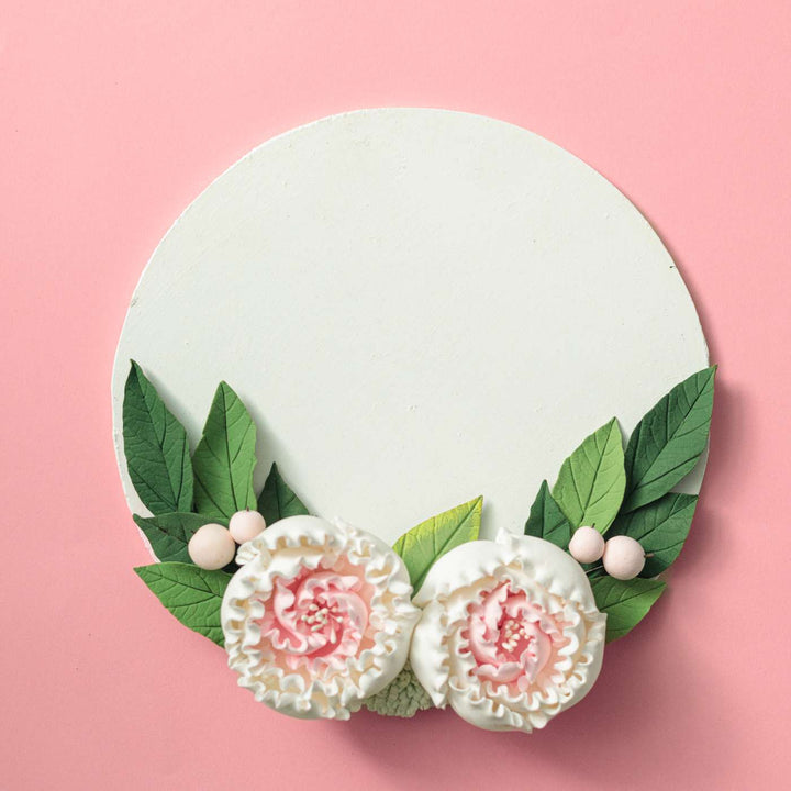 Personalized Round Floral Peony Theme Deco Clay Name Plate - Front View with Floral Decoration