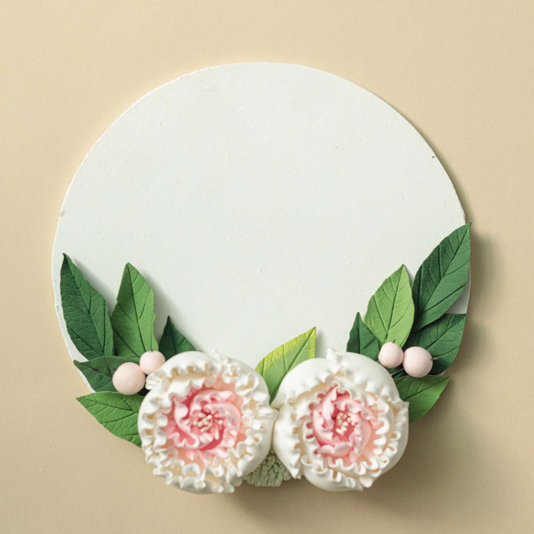 Personalized Round Floral Peony Theme Deco Clay Name Plate - Front View with Decorative Floral Detail