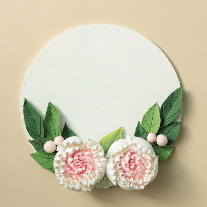 Personalized Round Floral Peony Theme Deco Clay Name Plate - Front View with Decorative Floral Detail