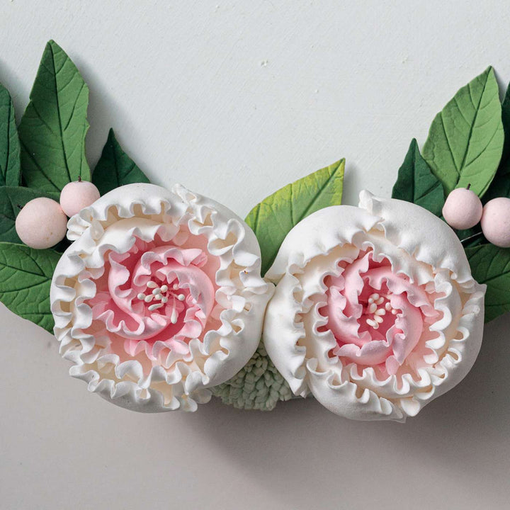 Personalized Round Floral Peony Theme Deco Clay Name Plate - Close-up of Flower Detail