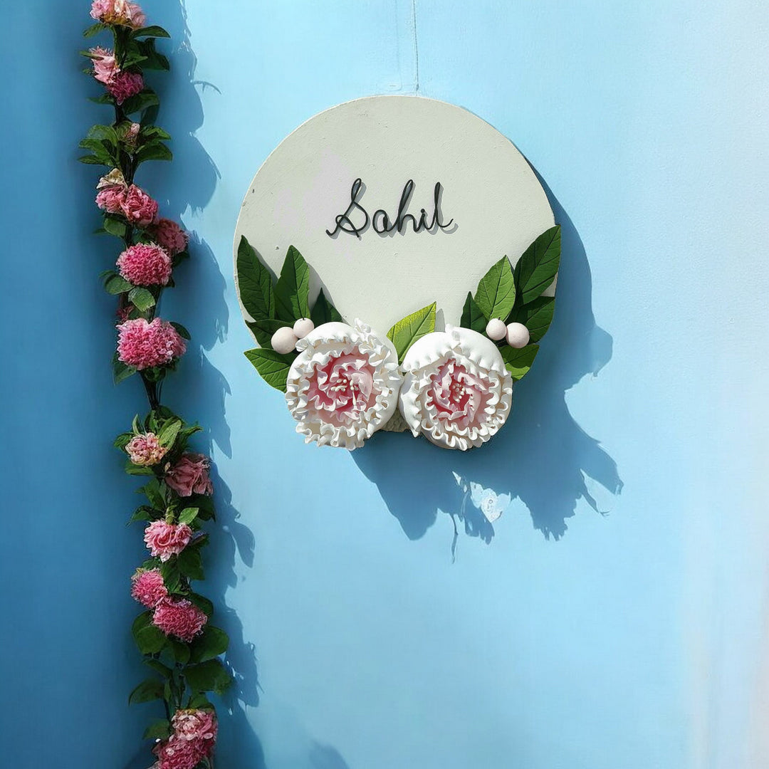 Personalized Round Floral Peony Theme Deco Clay Name Plate - Hanging Front View with Personalization