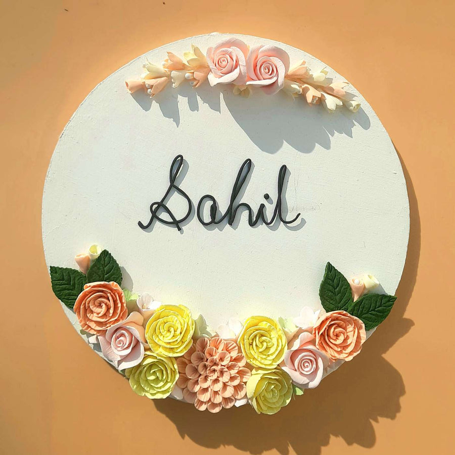 Personalized Round Floral Theme Deco Clay Name Plate - Name Personalization Front View