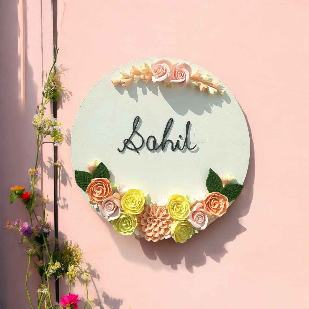 Personalized Round Floral Theme Deco Clay Name Plate - Name Personalization with Floral Decor