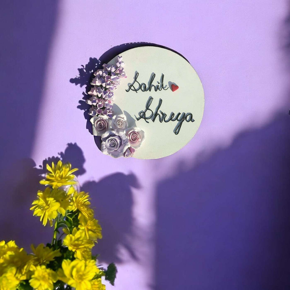 Personalized Round Rose Theme Deco Clay Name Plate - Top View with Name Personalization