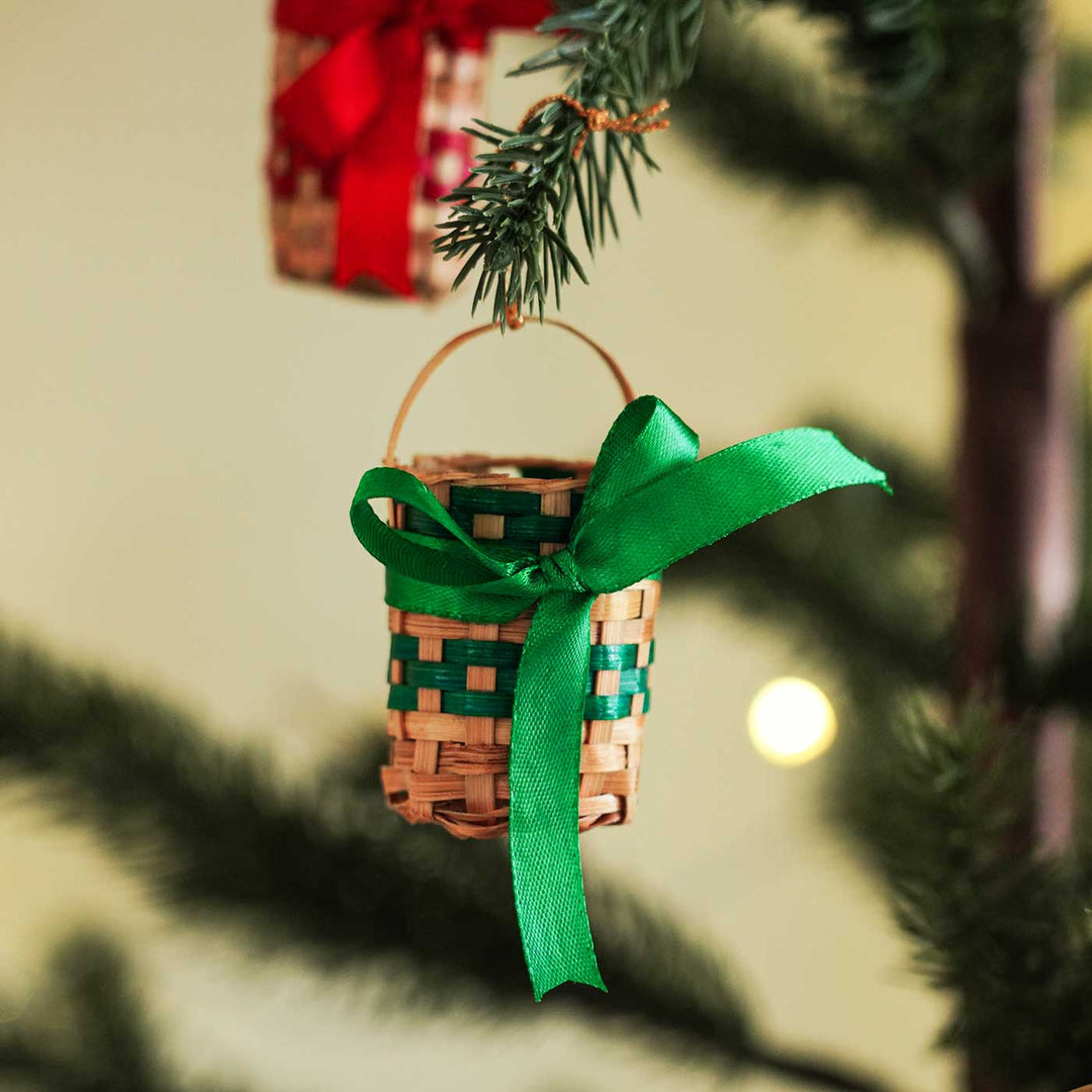 Handmade Red & Green Bamboo Ornaments For Christmas Tree Decoration | Set Of 10