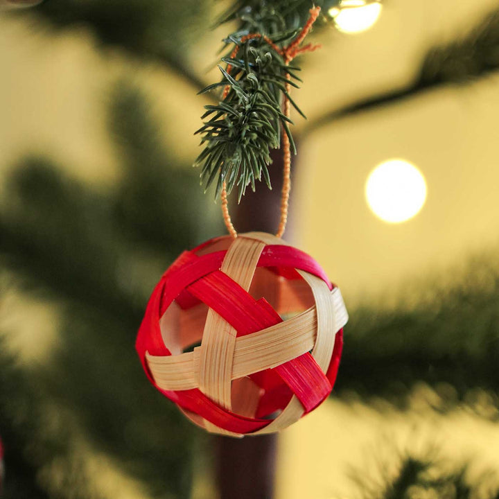Handmade Red & Green Bamboo Ornaments For Christmas Tree Decoration | Set Of 10