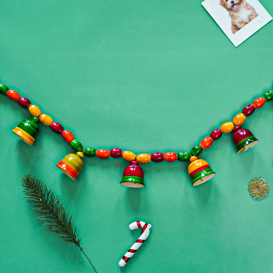 Handmade Multicolour Bell Wooden Hanging For Christmas Decoration - Hanging Decorative String Display