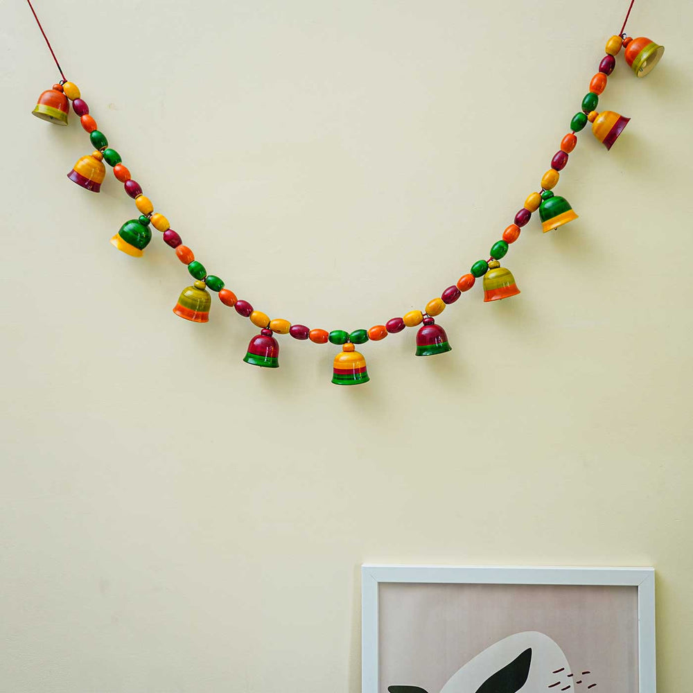 Handmade Multicolour Bell Wooden Hanging For Christmas Decoration - Hanging Garland Front View