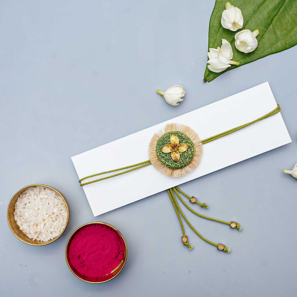 Handmade Papier Mache Floral Green Rakhi With Roli Chawal - Decorative Rakhi on Envelope with Accessories