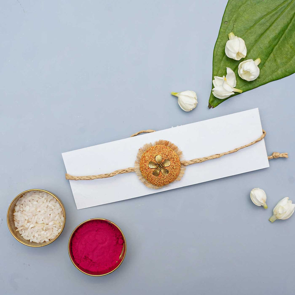 Handmade Papier Mache Antic Orange And Gold Floral Rakhi With Roli Chawal - Styled with Accessories