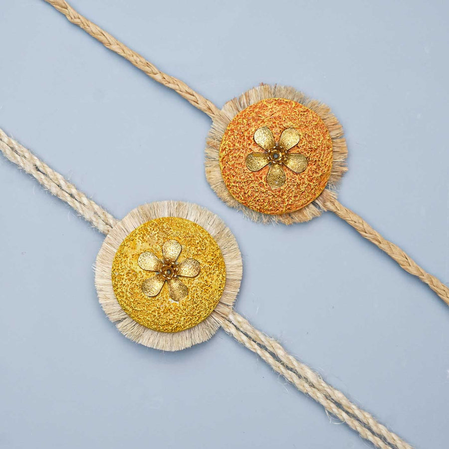 Handmade Papier Mache Antic Floral Rakhi With Roli Chawal Set Of 2 - Close-up of two bracelets