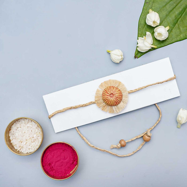 Handmade Papier Mache Rustic Floral Rakhi With Roli Chawal - Rakhi on decorative card