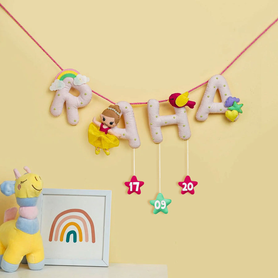Handmade Personalized Felt Kids Bunting Princess Rainbow - Hanging Name Garland with Date Stars