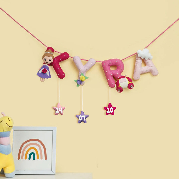 Handmade Personalized Felt Kids Bunting Princess - Hanging Name Garland with Date Tags