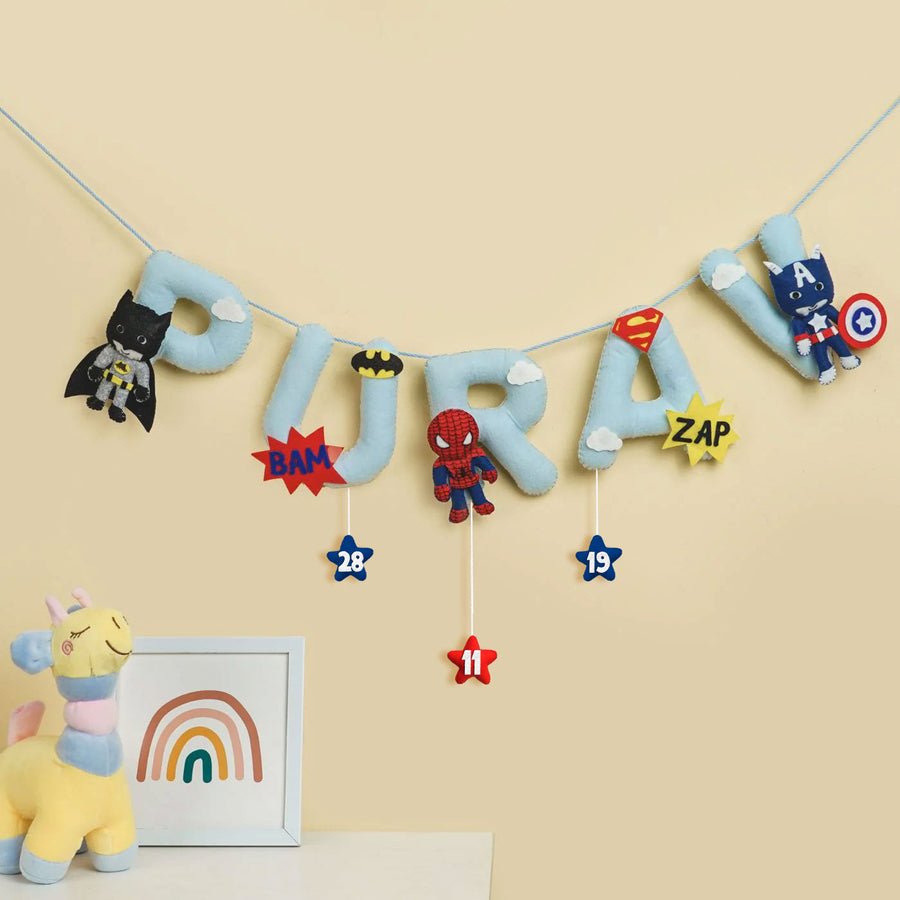 Handmade Personalized Felt Kids Bunting Superheros - Name Personalization Hanging Display