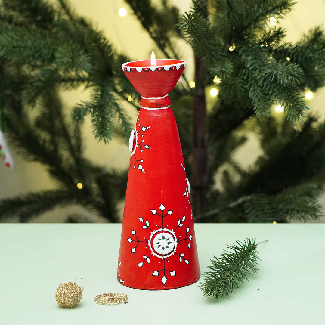 Handmade Red Long Terracotta Tealight Holders For Christmas Decoration