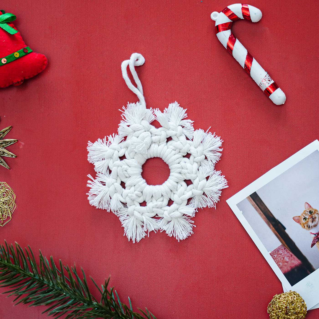 Handmade White Snowflake Macrame Ornament For Christmas Tree Decoration