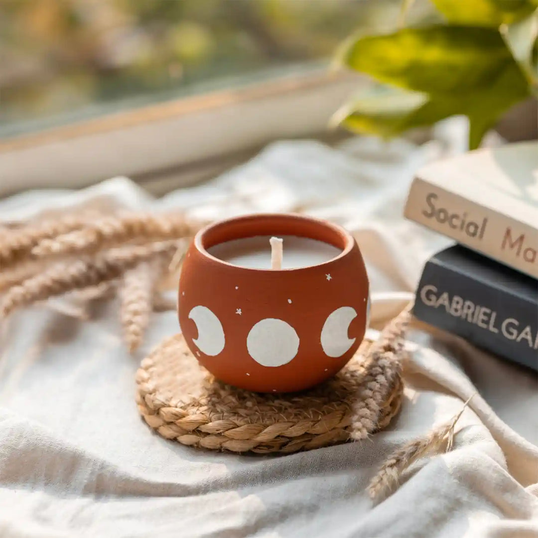Hand-Painted Moon Serenity Terracotta Soy Wax Candle