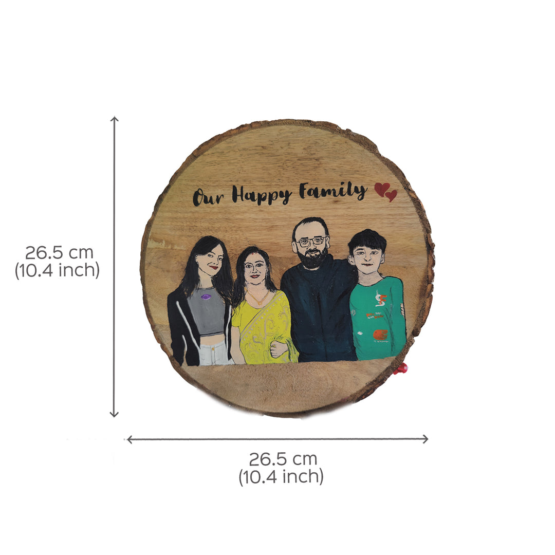 Hand Painted Personalized Family Caricature Plaque On Bark Base - Dimension Chart with Front View