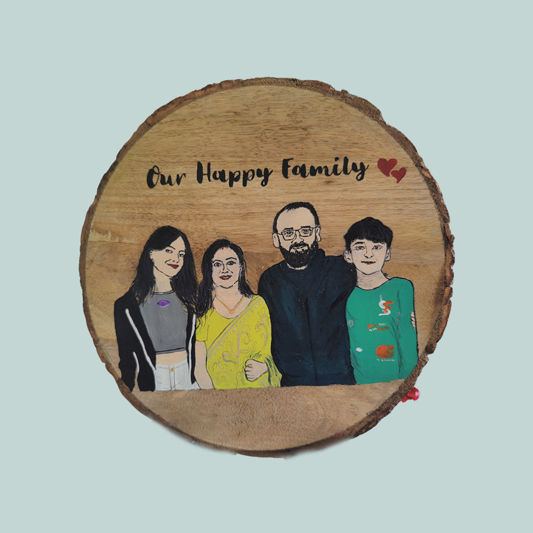 Hand Painted Personalized Family Caricature Plaque On Bark Base - Top View with Illustration Personalization