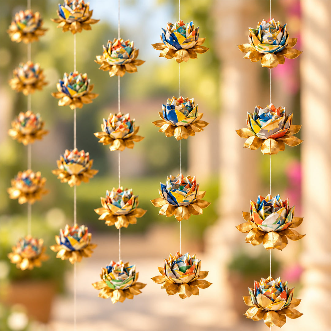 2 Pc | Hand-Marbled Origami Lotus Hanging In Tree-Free Paper - Multicolour & Gold