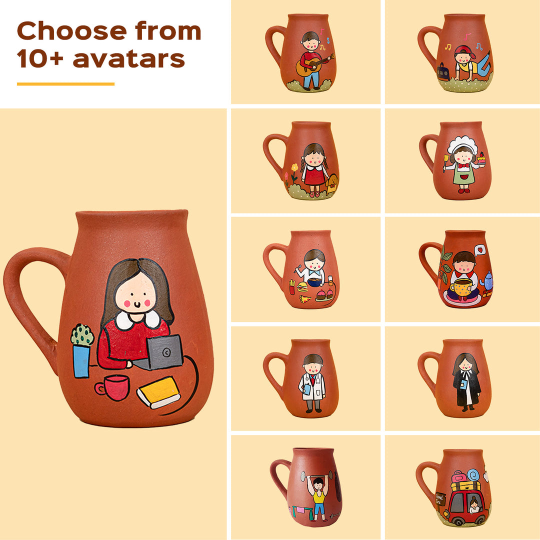 Handpainted Terracotta Mug With Foodies Avatar Illustrations