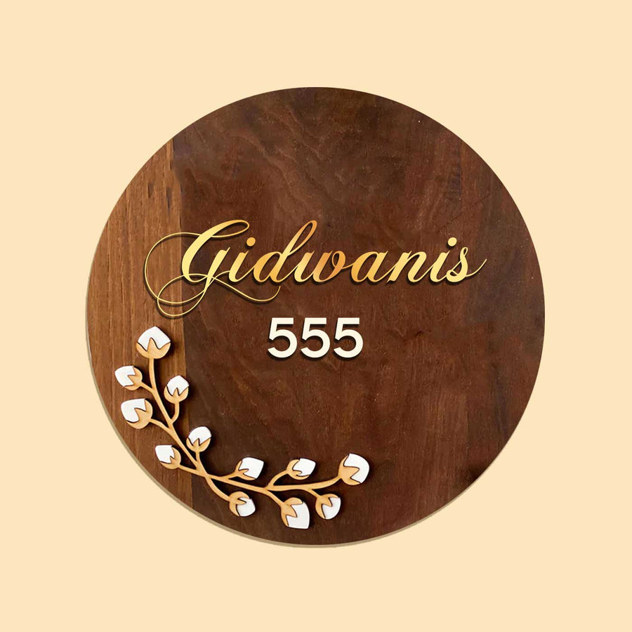 Personalised Wooden Round Floral Nameplate 1 - Front View with Name and Number