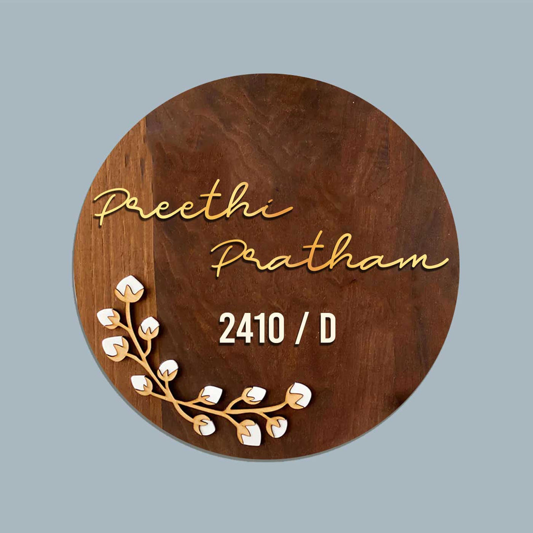 Personalised Wooden Round Floral Nameplate 1 - Front View with Name Personalization