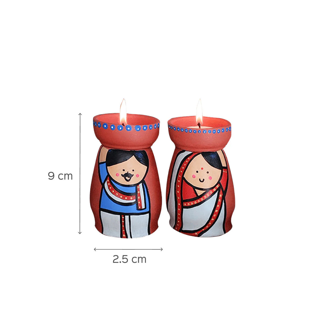 2 Pc | South Indian Couple Handpainted Terracotta Tealight Holders