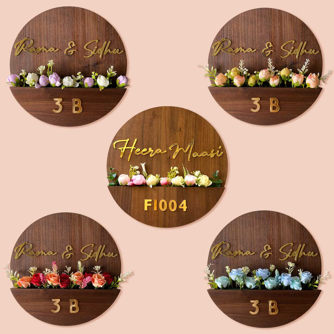 Personalised Wooden Flower Basket Name Plate 1 - Front Views with Floral Arrangement Variations