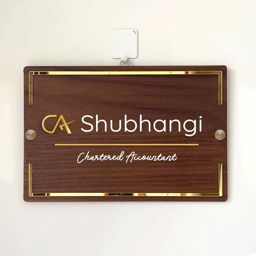 Personalised Krishna Wooden Name Plate For Chartered Accountant - Front View Hanging on Wall