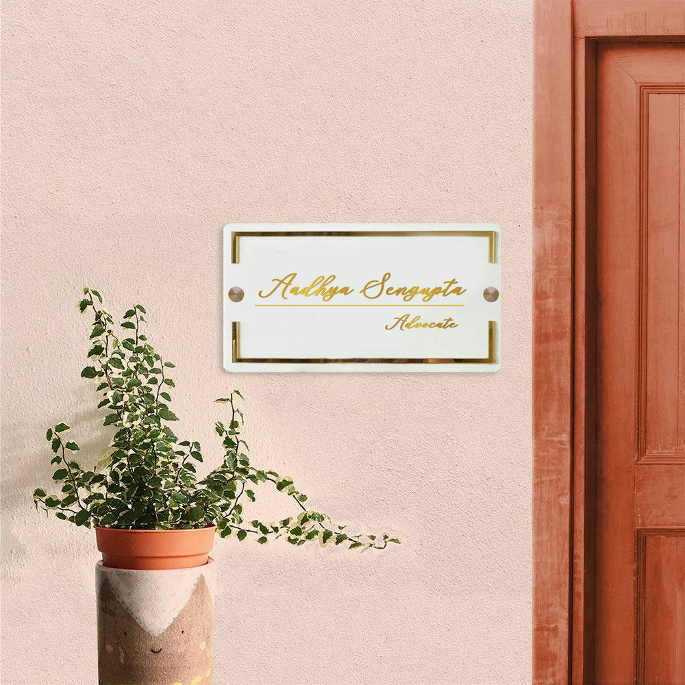 Classic Personalised Acrylic Name Plate For Advocate - Mounted on Wall with Plant Nearby
