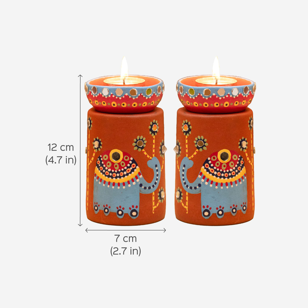 Handpainted Terracotta Mirror-work Elephant Tealight Holder | Set of 2