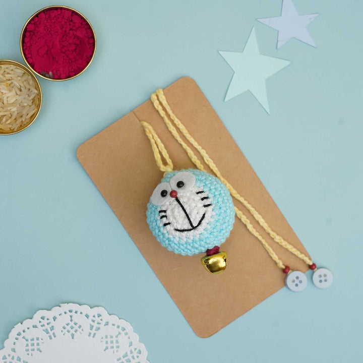 Handmade Crochet Doraemon Kids Rakhi With Roli Chawal - Necklace and Bracelet Set on Card
