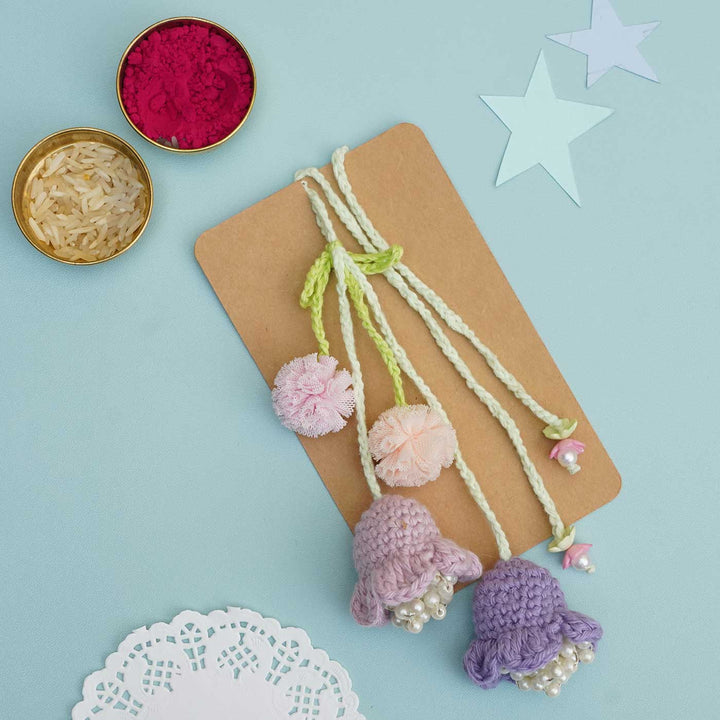 Handmade Crochet Forever Flowers Kids Rakhi With Roli Chawal - Packaged on Card with Small Containers (9)