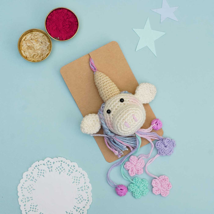 Handmade Crochet Unicorn For Girl Cotton Kids Rakhi With Roli Chawal - Packaged with Decorative Items