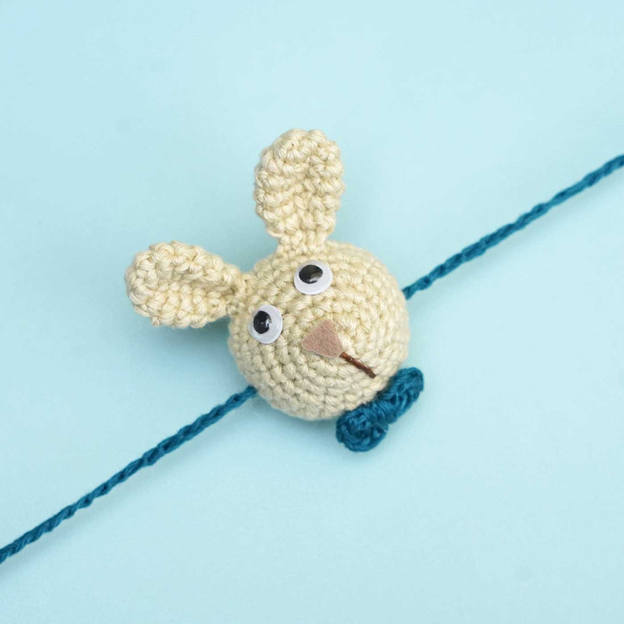 Handmade Crochet Hunny Bunny Kids Rakhi With Roli Chawal - Close-up on Crochet Bunny Face