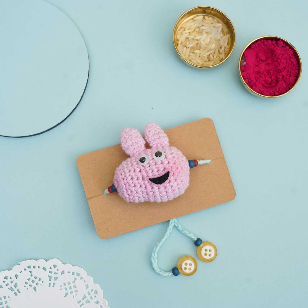Handmade Crochet Peppa Pig Kids Rakhi With Roli Chawal - In Packaging with Holi Colors