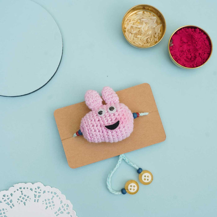 Handmade Crochet Peppa Pig Kids Rakhi With Roli Chawal - In Packaging with Holi Colors