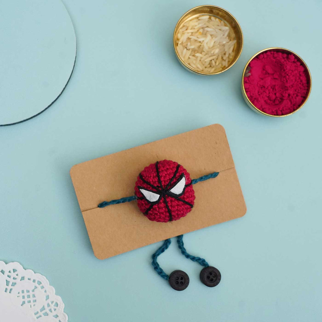 Handmade Crochet Spiderman Kids Rakhi With Roli Chawal - Card Display with Accessories