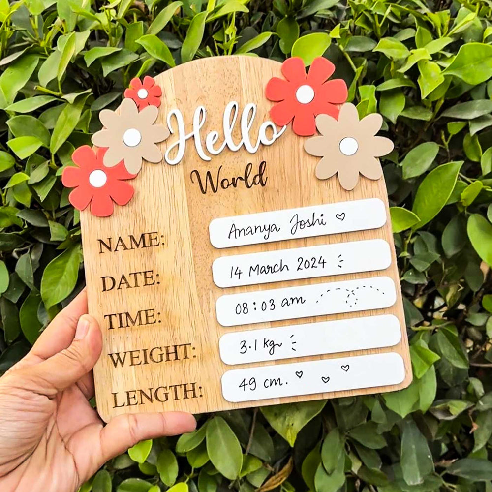 Personalized Hello World Baby Announcement Mdf Wood Name Plate - Personalized Name and Details Close-up