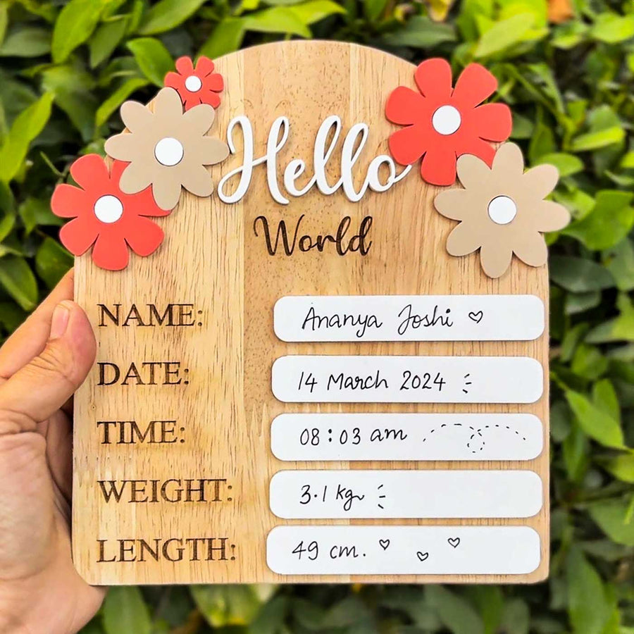Personalized Hello World Baby Announcement Mdf Wood Name Plate - Front View with Personalization Example