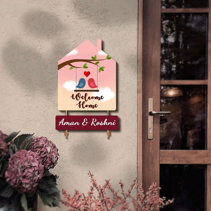 Personalized House Shaped Birds Theme Mdf Wood Name Plate