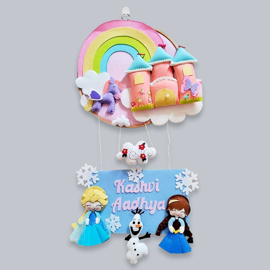 Personalized Anna And Elsa Theme Felt Kids Name Plate For Siblings - Front View Hanging Wall Decoration
