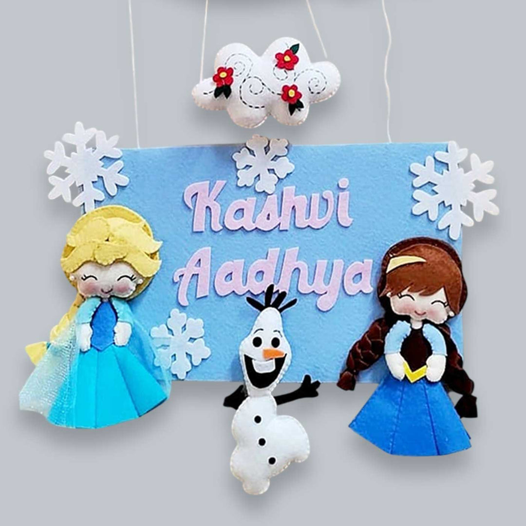 Personalized Anna And Elsa Theme Felt Kids Name Plate For Siblings - Front View with Name Personalization